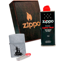 Подарунковий набір Zippo Запальничка 207 Fishing CLASSIC street chrome + Коробка + Бензин 3141 + Кремні 2406