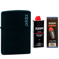 Фото Комплект Zippo Запальничка 218 ZL BLACK MATTE w/ZIPPO LOGO + Бензин + Кремені в подарунок