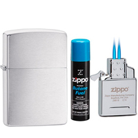 Фото Комплект Zippo Запальничка 200 CLASSIC brushed chrome + Газовий інсерт до запальничок + Газ для запальничок