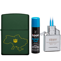 Фото Комплект Zippo Запальничка Regular Green Matte 221 Ukraine + Газовий інсерт до запальничок + Газ для запальничок