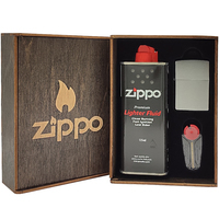 Фото Комплект Zippo Запальничка Zippo 200 CLASSIC brushed chrome + Подарункова упаковка + Бензин + Кремні