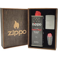 Фото Комплект Zippo Запальничка 205 CLASSIC satin chrome + Бензин + Кремені + Подарункова коробка
